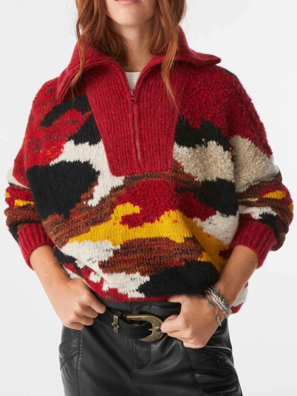 ba&sh Chiho Red Mixed-Pattern Half-Zip Sweater never worn!